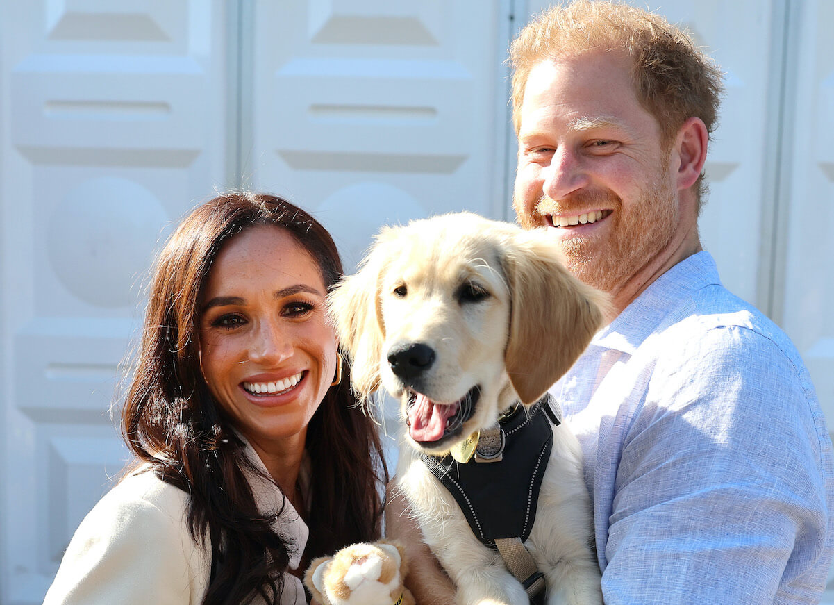 Prince Harry and Meghan Markle hold a dog at the 2023 Invictus Games