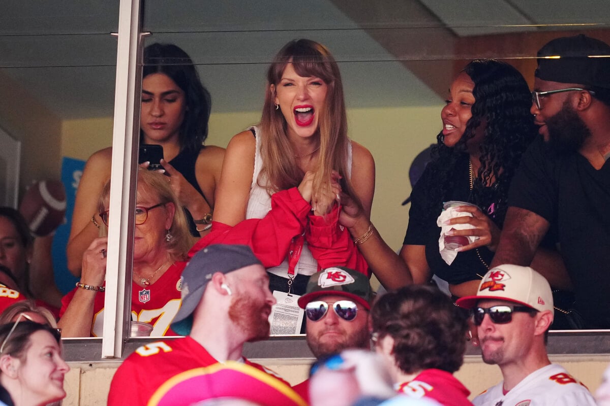 Taylor Swift reacts during the first half of a game between the Chicago Bears and the Kansas City Chiefs at GEHA Field at Arrowhead Stadium on September 24, 2023 in Kansas City, Missouri