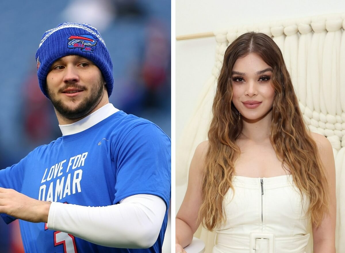 (L) Josh Allen of the Buffalo Bills, who has a higher net worth than his girlfriend warms up before a game, (R) Hailee Steinfeld participates in the Core Hydration panel in New York City