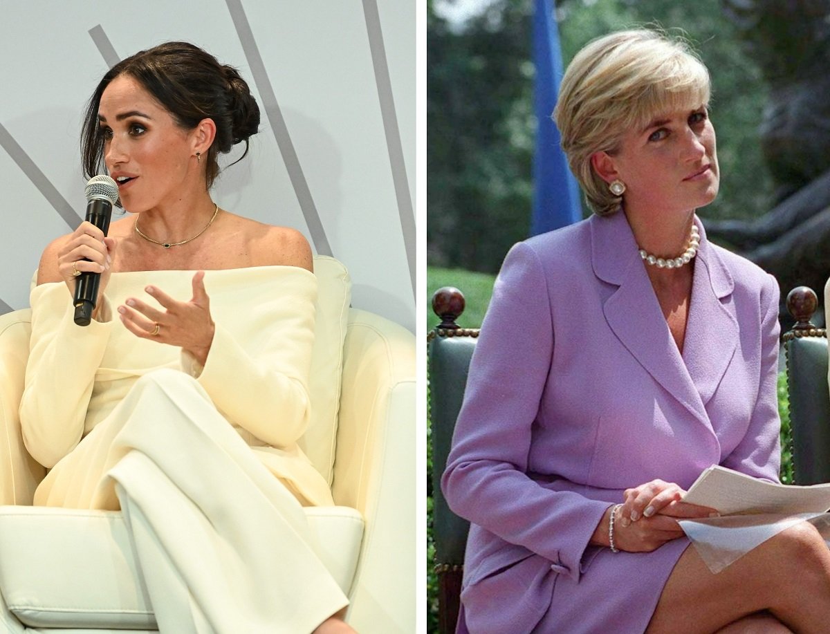(L) Meghan Markle speaks onstage at The Archewell Foundation Parents’ Summit, (R) Princess Diana on day of her speech at the Red Cross headquarters