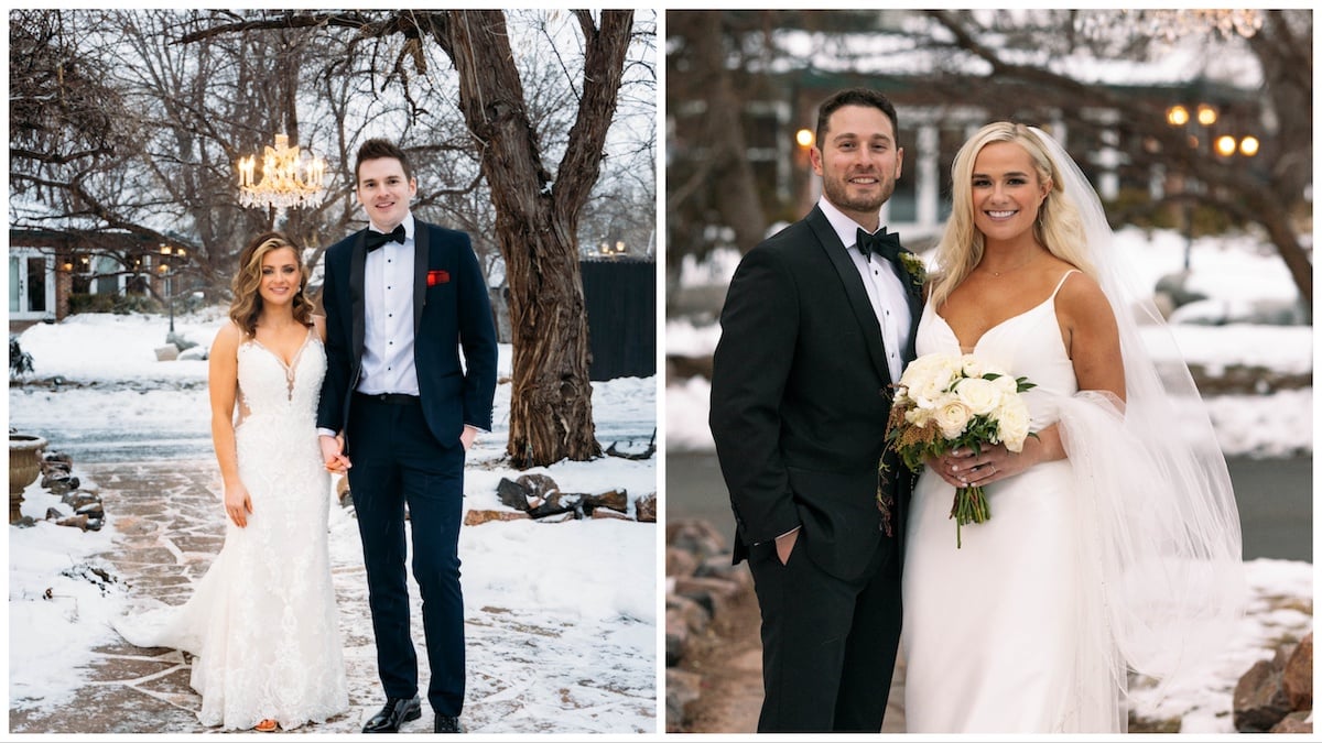 'Married at First Sight' Season 17 couples Clare and Cameron and Emily and Brennan posing on their wedding day in the snow