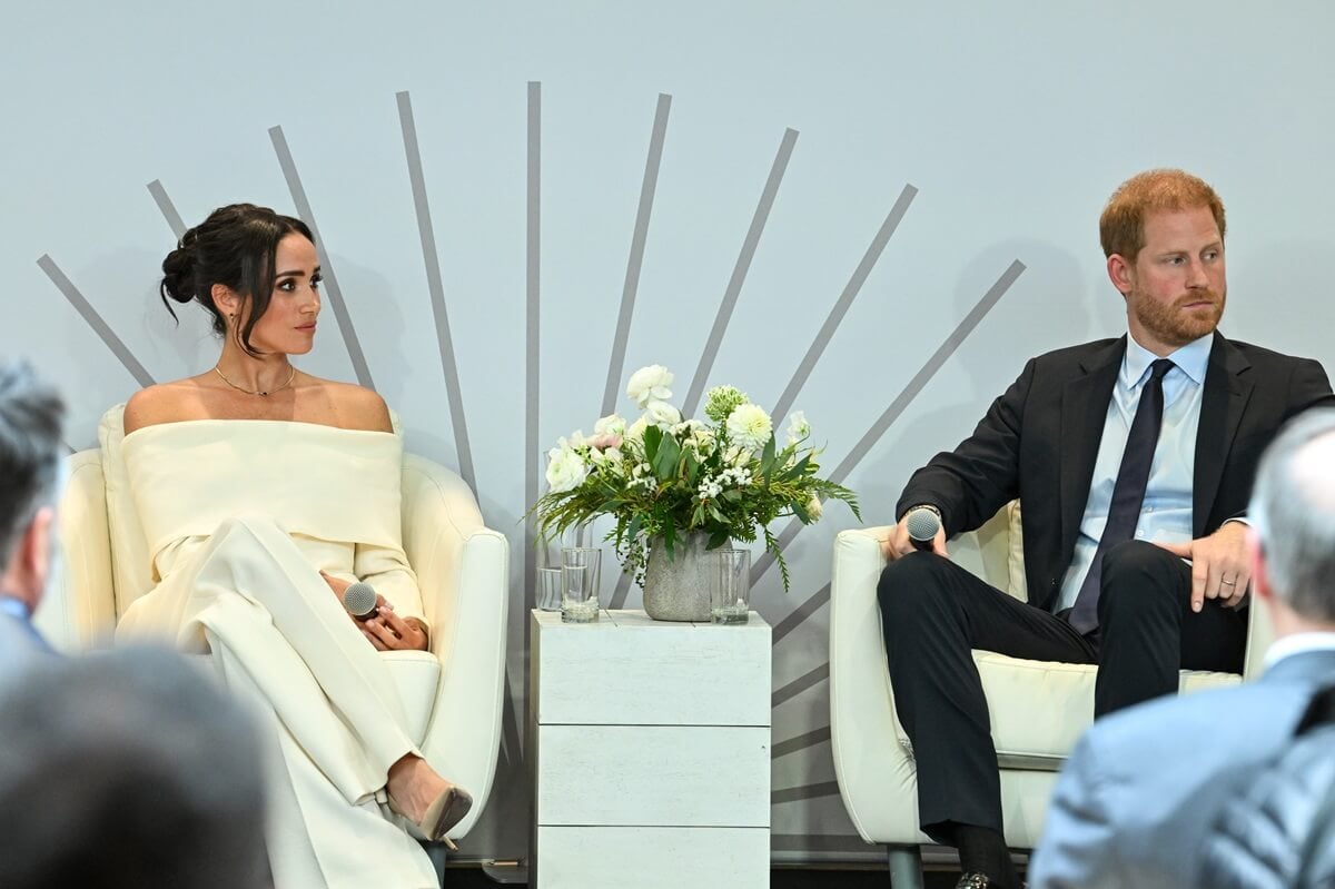 Meghan Markle and Prince Harry speak onstage at The Archewell Foundation Parents’ Summit