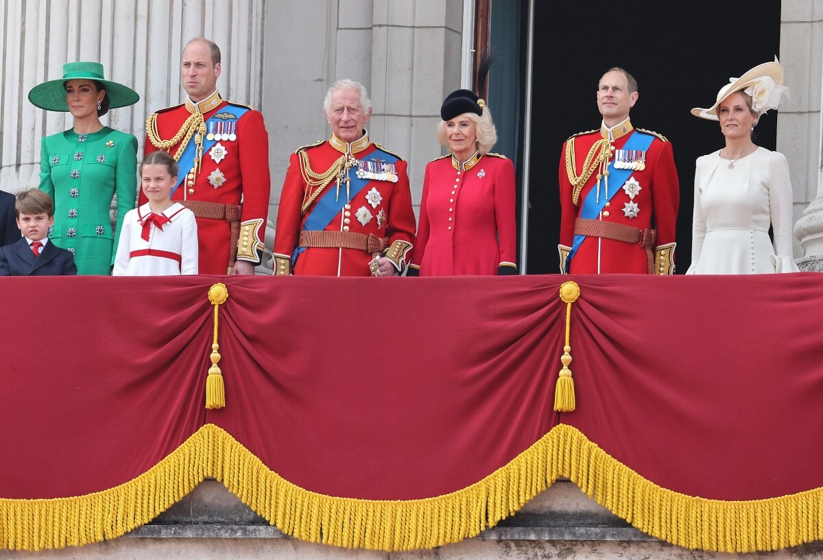 Members of the royal family standing with King Charles on the balcony of Buckingham Palace during Trooping the Colour 2023