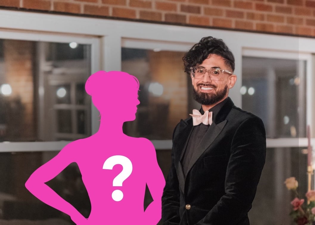 Michael from 'Married at First Sight' Season 17 in a tux standing next to a pink silhouette of a bride