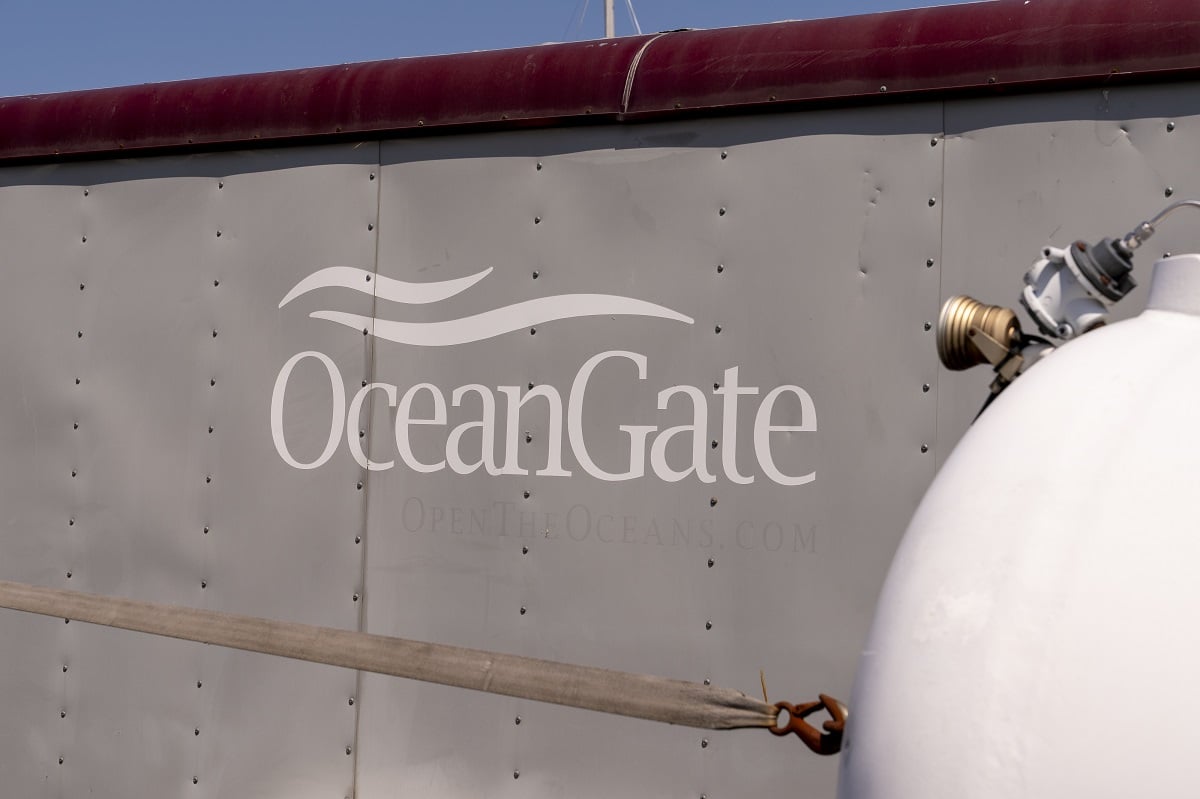 The OceanGate logo seen on equipment stored near the Oceangate offices in Washington state.