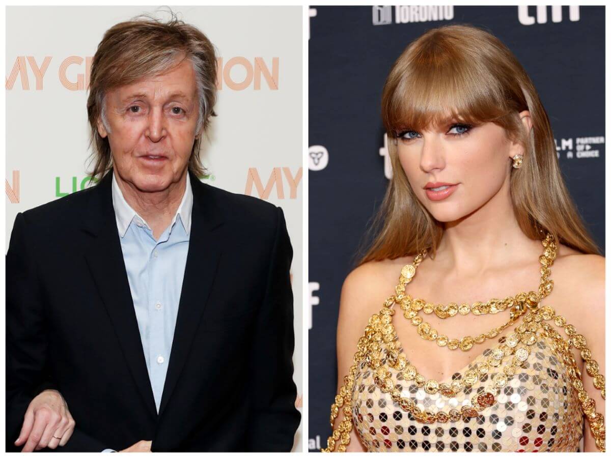 Paul McCartney stands wearing a jacket and blue shirt. Taylor Swift wears a gold dress.