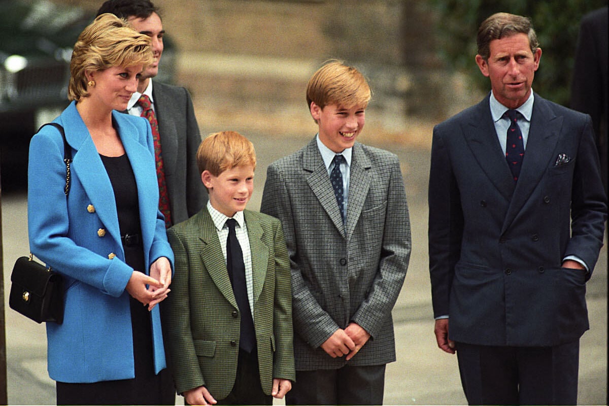 Prince Harry, who has quotes about his parents' divorce, stands with Princess Diana, Prince William, and King Charles