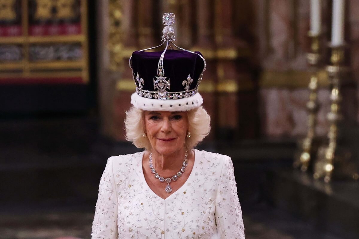 Queen Camilla stands after being crowned during her coronation ceremony in Westminster Abbey