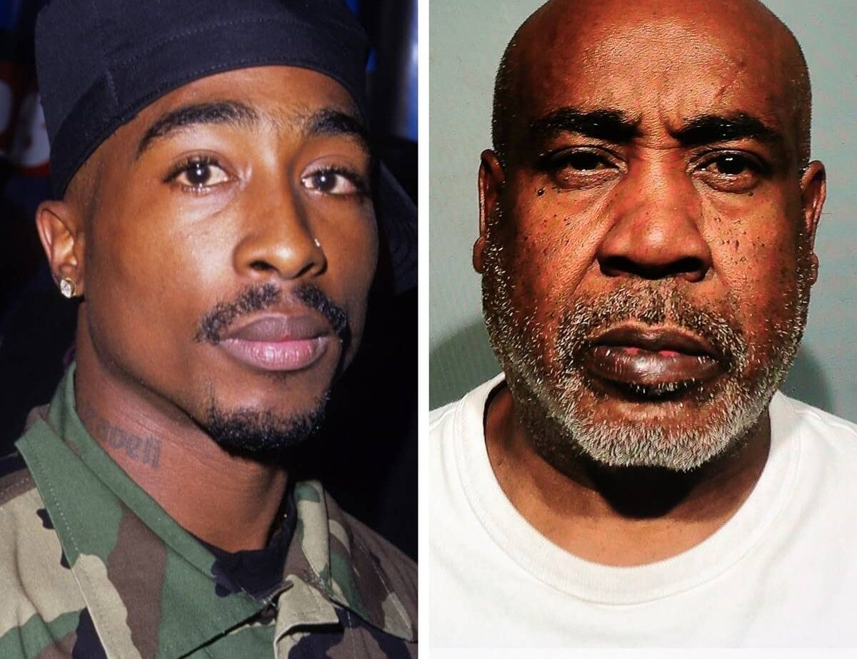 (R) Tupac Shakur at the 10th Annual Soul Train Music Awards (circa 1996), (L) Booking photo of Duane ‘Keefe D’ Davis who was arrested for the murder of Tupac Shakur