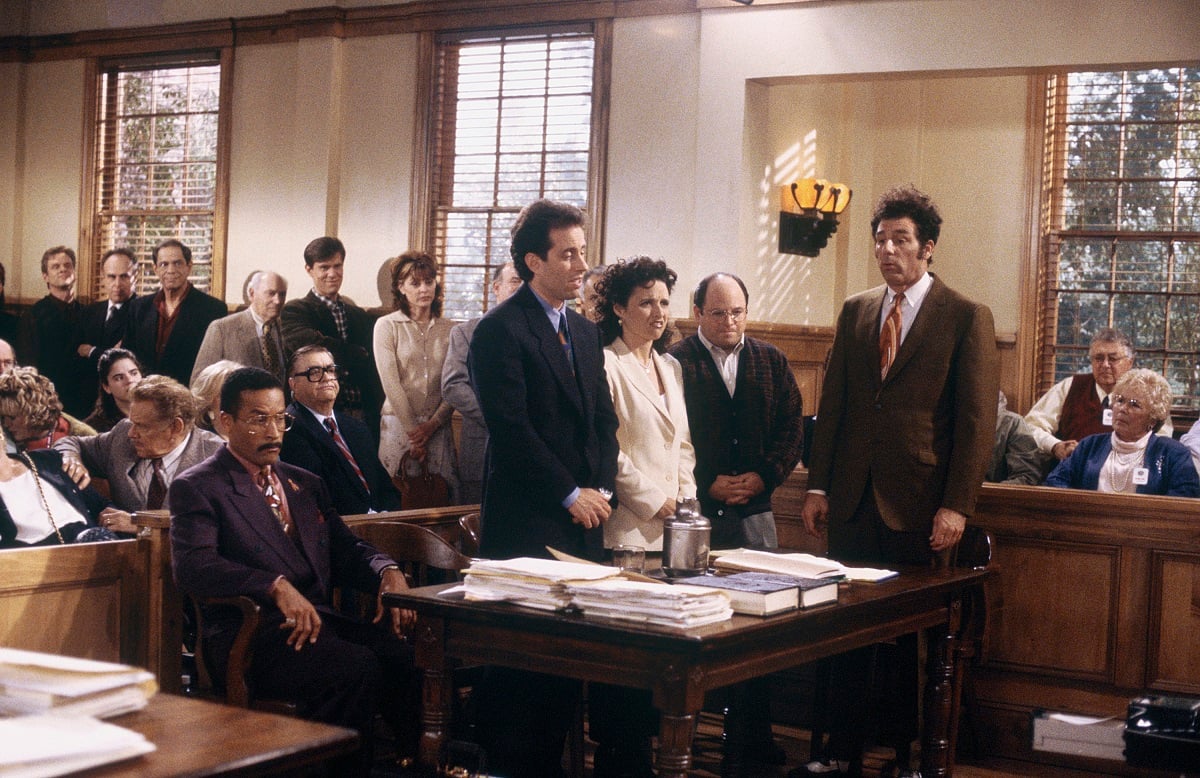 The cast of 'Seinfeld' stand in the courtroom during the series