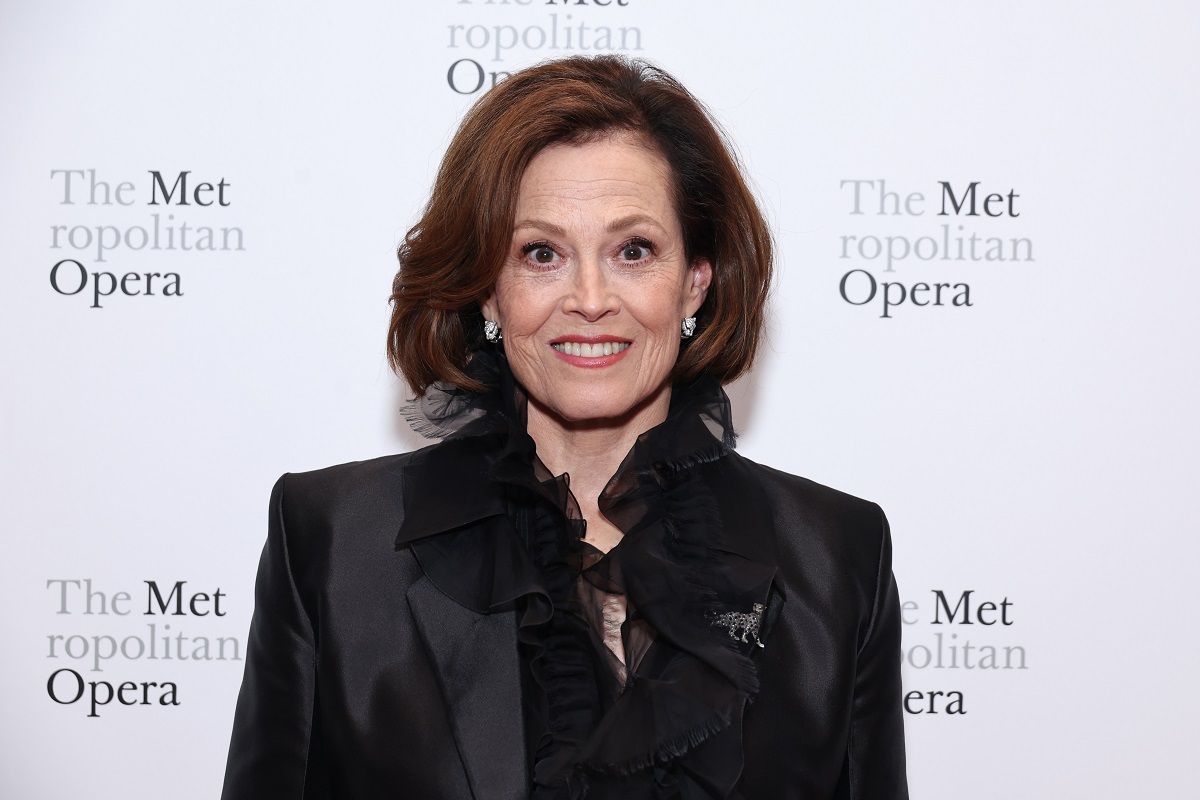 Sigourney Weaver posing in a black outfit at the opening night gala of Metropolitan Opera's "Dead Man Walking",