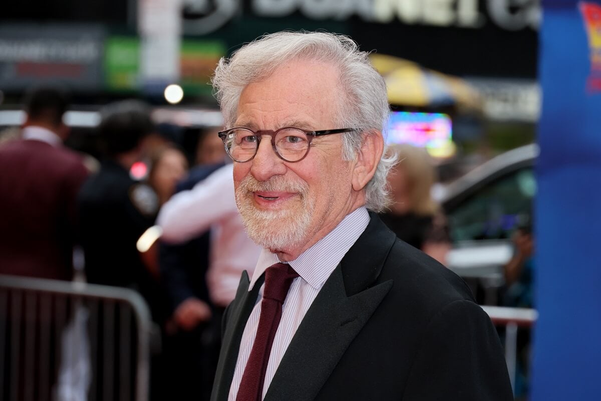 Steven Spielberg posing in a suit at the the "Back To The Future: The Musical" Gala Performance.