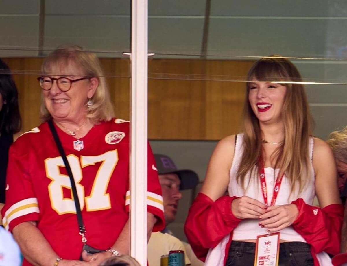 Taylor Swift cheers from a suite with Donna Kelce as the Kansas City Chiefs play the Chicago Bears