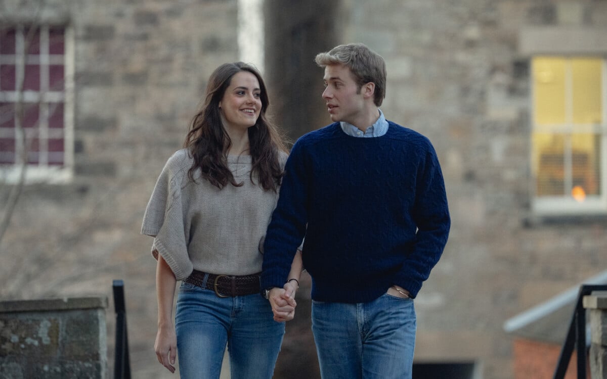 Meg Bellamy as Kate Middleton and Ed McVey as Prince William in an image from season 6 of ‘The Crown’