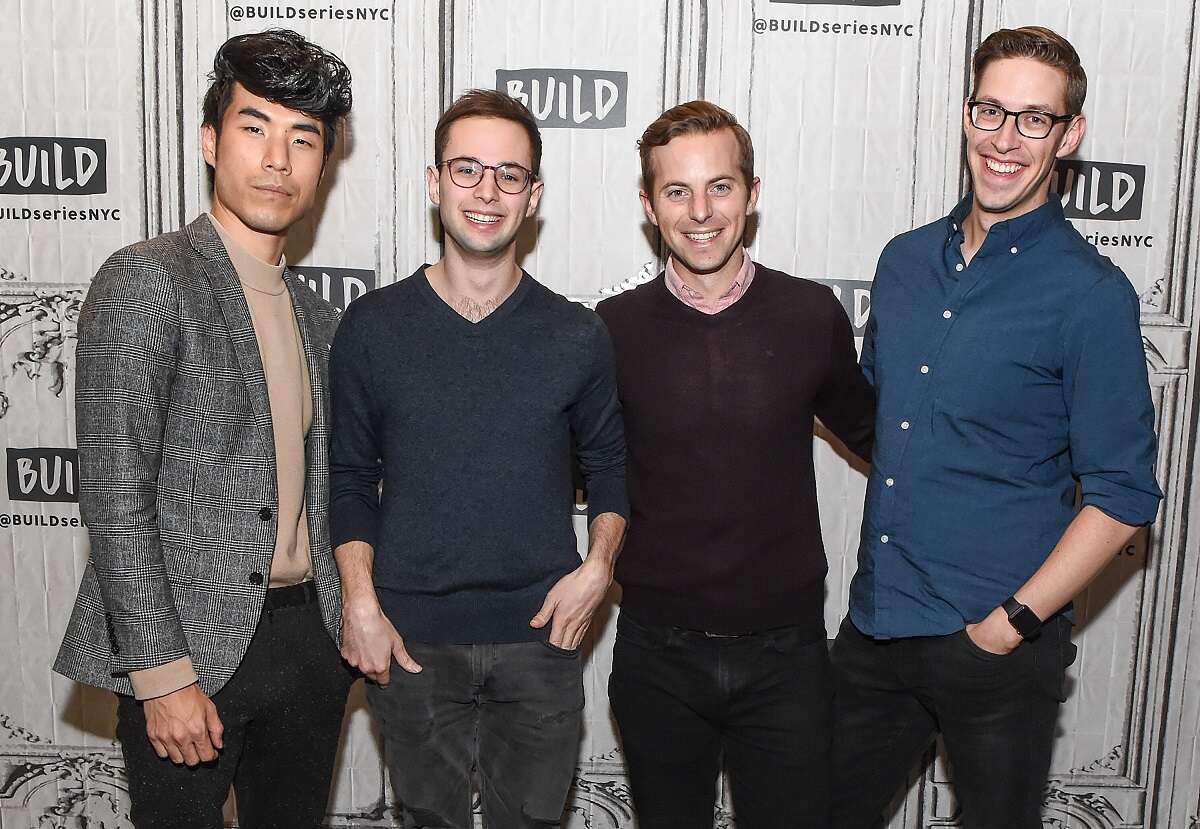 Eugene Lee Yang, Zach Kornfeld, Ned Fuilmer and Keith Habersberger (The Try Guys) stand together at Build Studio in 2017, a year before the friends spun off their Buzzfeed series into an independent company.