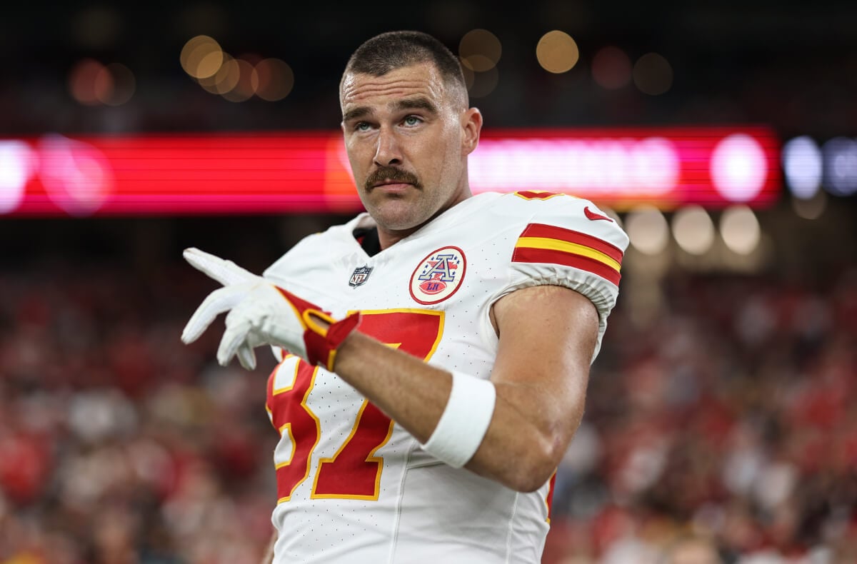 Travis Kelce #87 of the Kansas City Chiefs reacts prior to an NFL preseason football game between the Arizona Cardinals and the Kansas City Chiefs at State Farm Stadium on August 19, 2023 in Glendale, Arizona