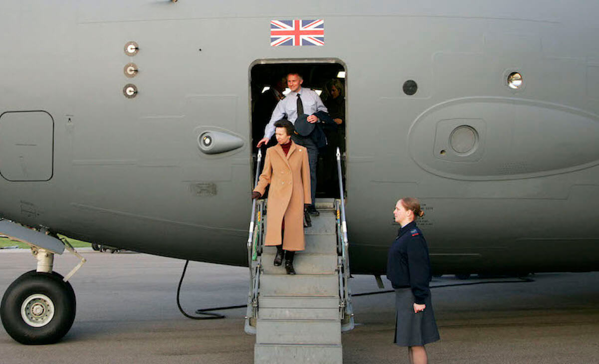 Princess Anne steps off an airplane