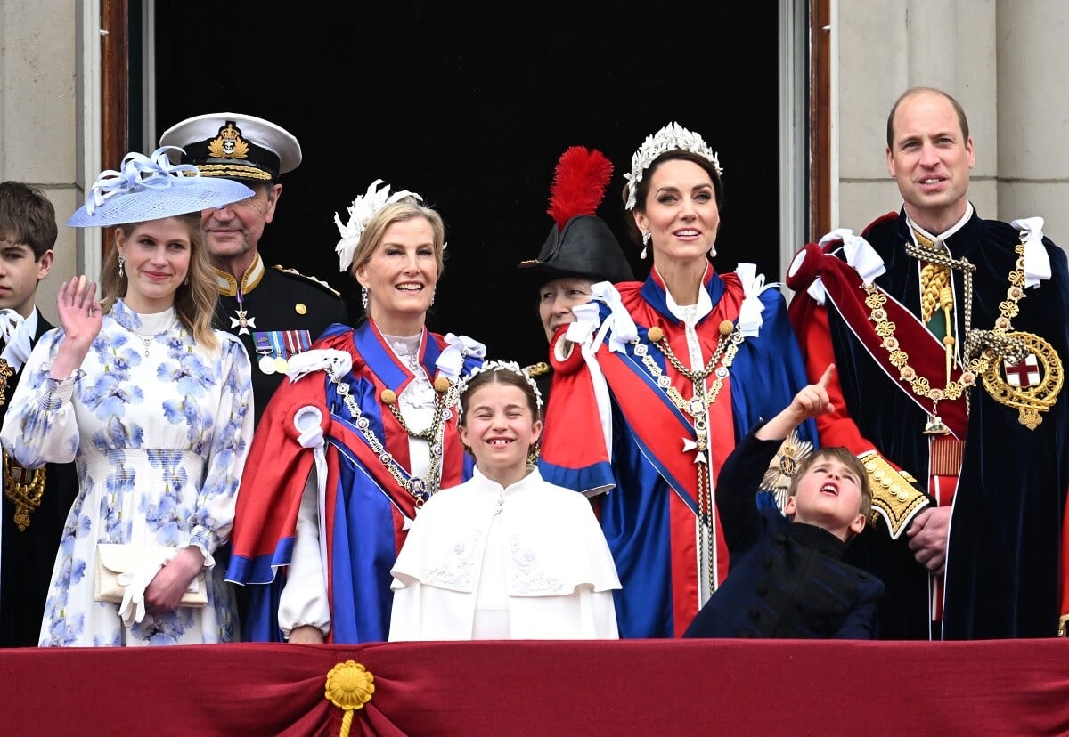 Working royals and their families gather on the Buckingham Palace balcony after the coronation of King Charles III