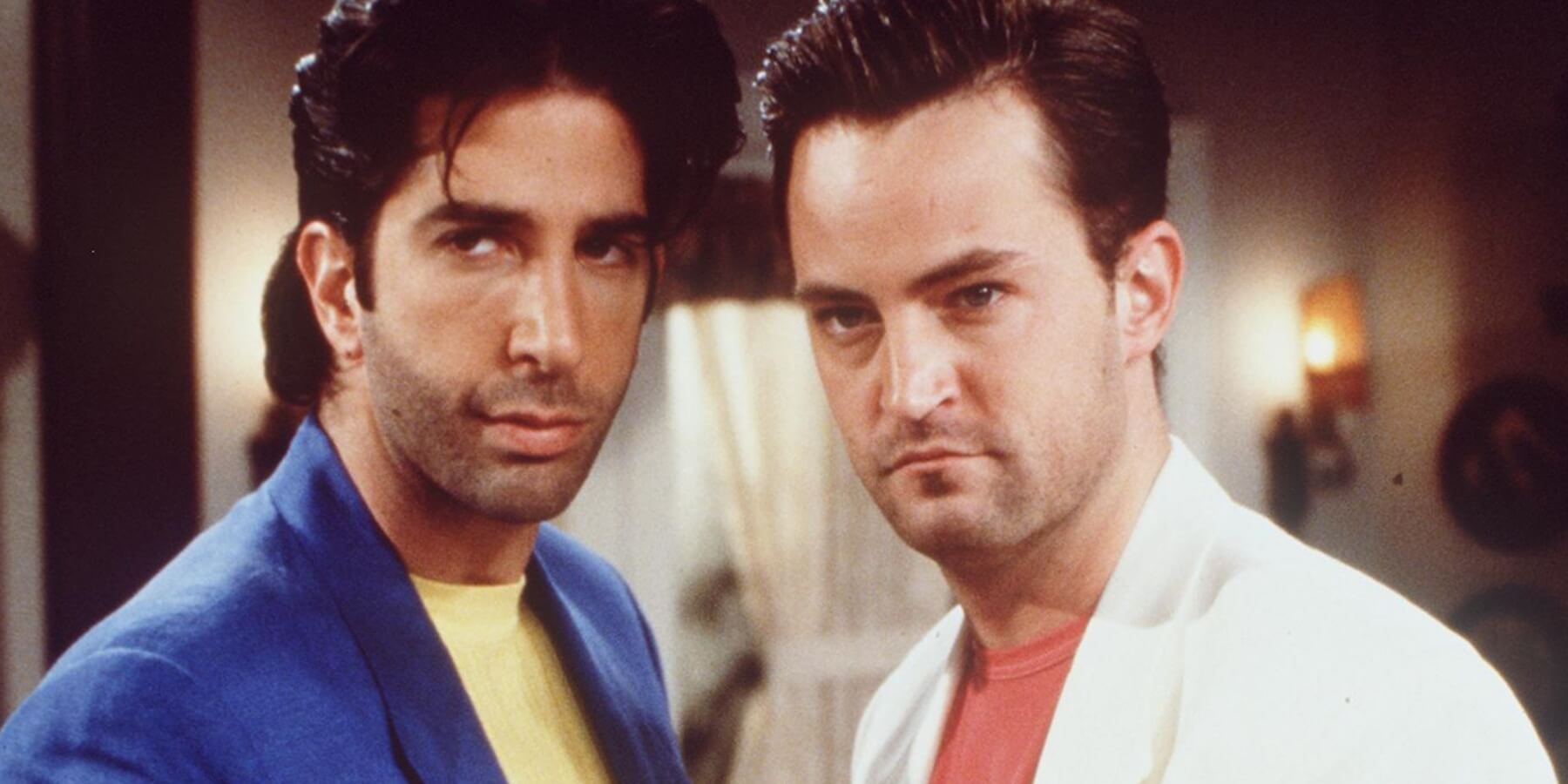 David Schwimmer and Matthew Perry dress as 'Miami Vice' during a 'Friends' flashback episode.