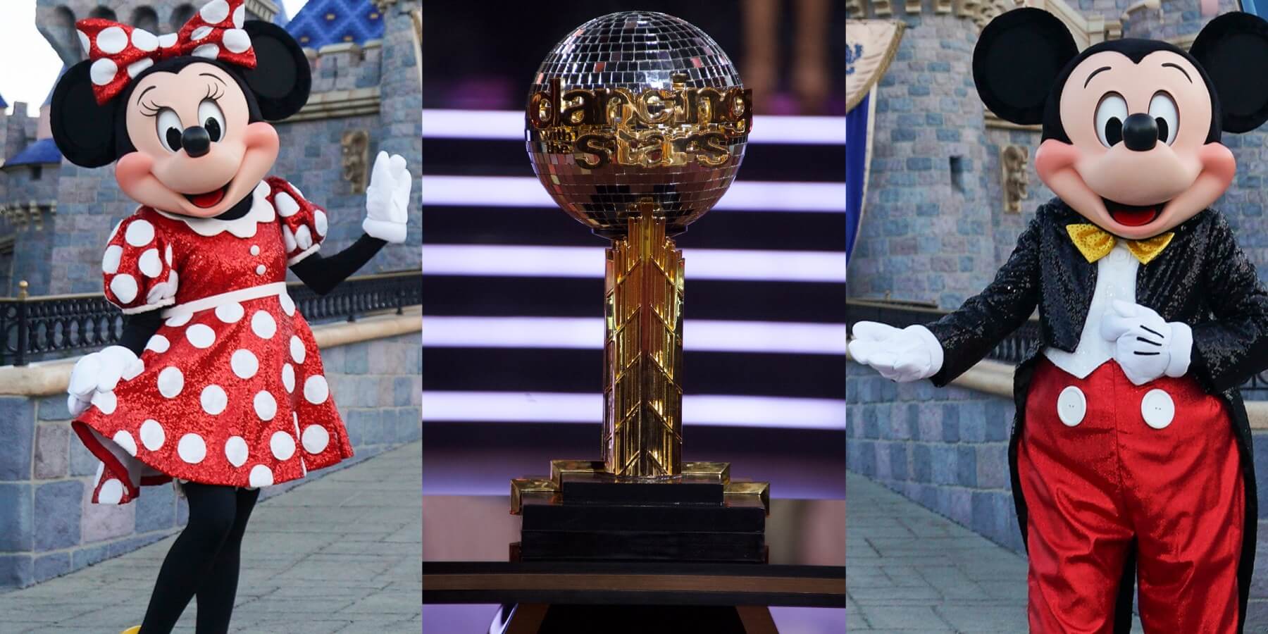 Disney's Mickey and Minnie Mouse pose alongside the 'DWTS' mirrorball trophy.