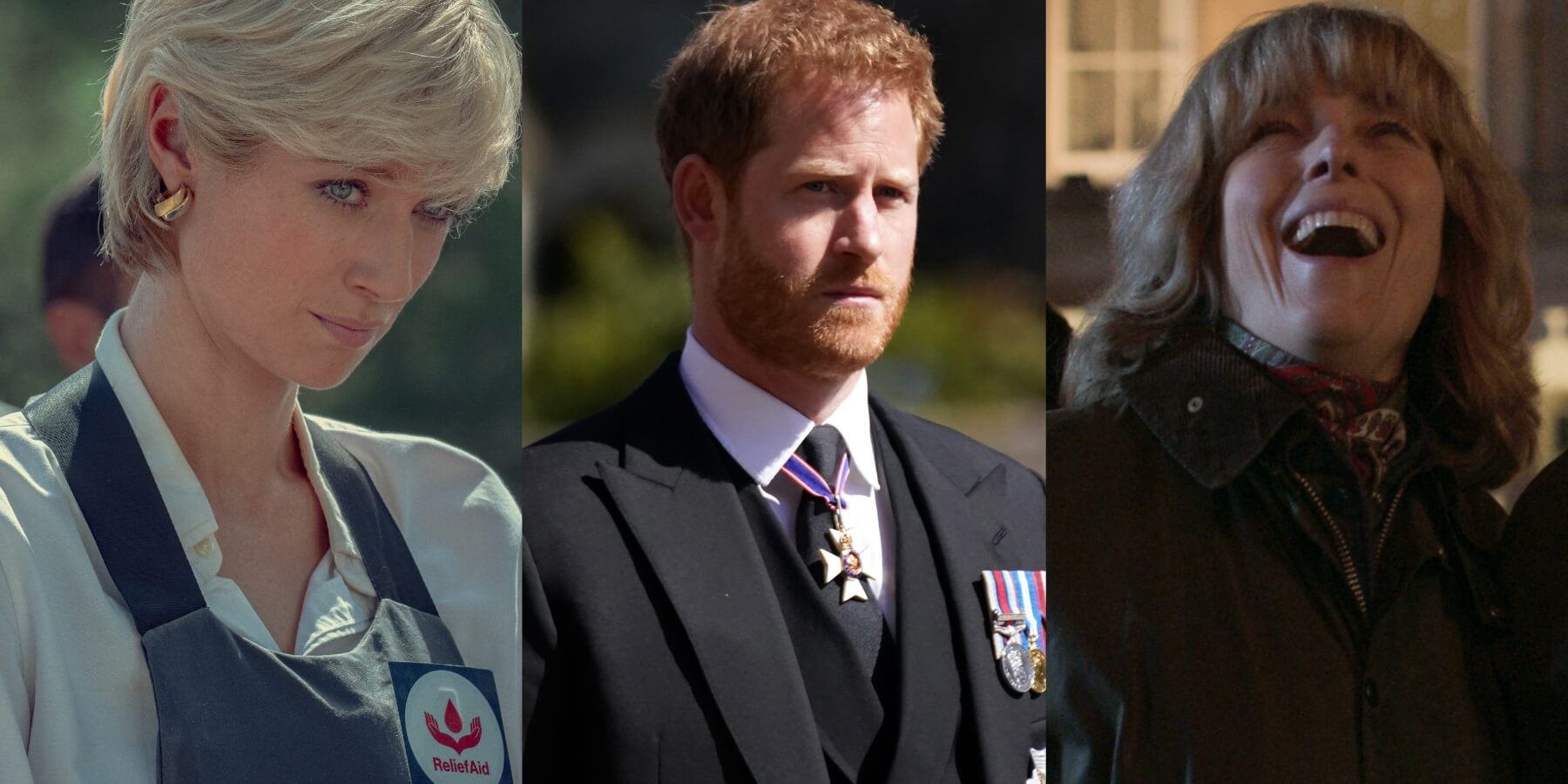 Elizabeth Debicki, Prince Harry and Olivia Williams pose in side-by-side photographs.