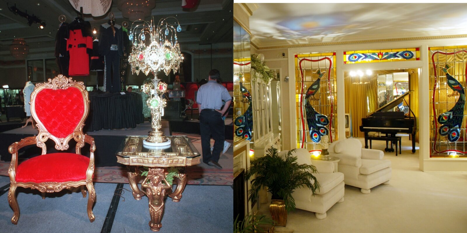 Elvis Presley's red living room furniture seen at Graceland in the 1970s and the living room today.