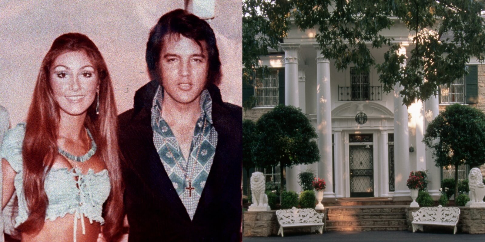Linda Thompson and Elvis Presley in a side-by-side photograph with the exterior of his Graceland home.