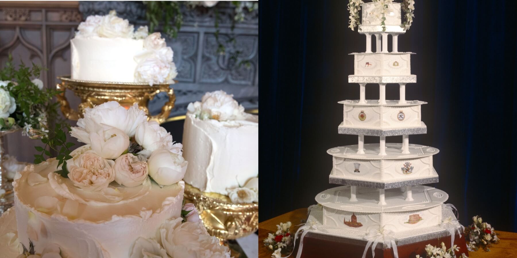 Meghan Markle and Prince Harry's wedding cake in a side-by-side photo with Princess Diana and Prince Charles'.