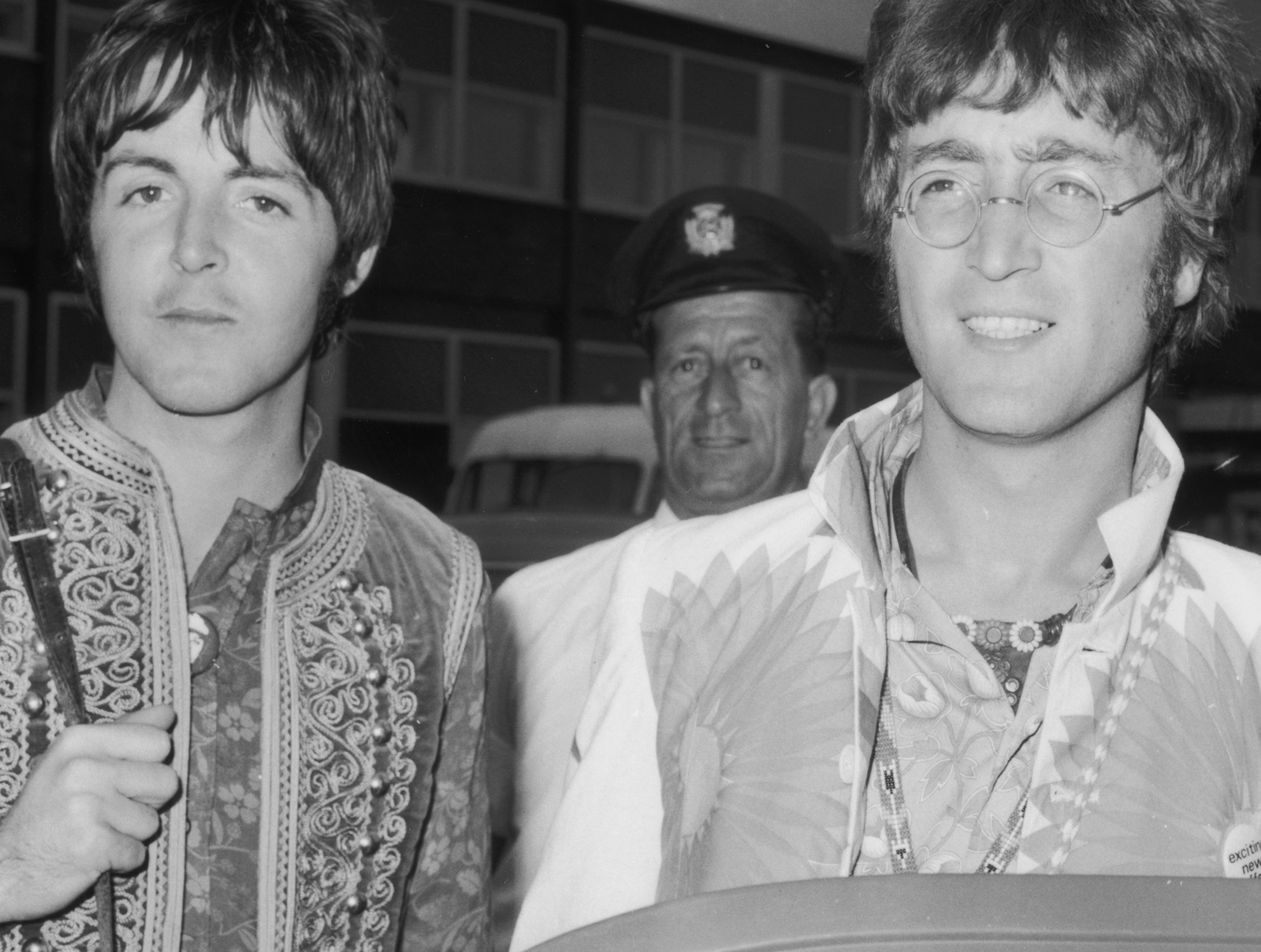 Paul McCartney and John Lennon in black-and-white