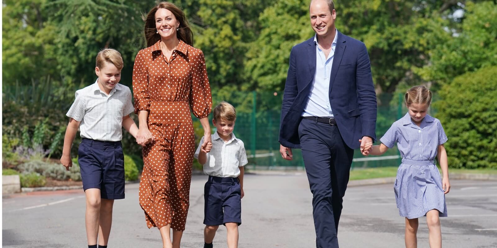 Prince George, Kate Middleton, Prince Louis, Prince William and Princess Charlotte walk into Lambrook School, near Ascot on September 7, 2022 in Bracknell, England.