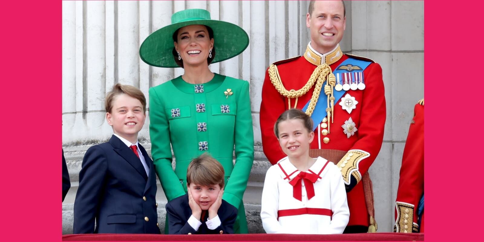 Prince William, Prince of Wales, Prince Louis of Wales, Catherine, Princess of Wales , Princess Charlotte of Wales and Prince George of Wales on the Buckingham Palace balcony during Trooping the Colour on June 17, 2023 in London.