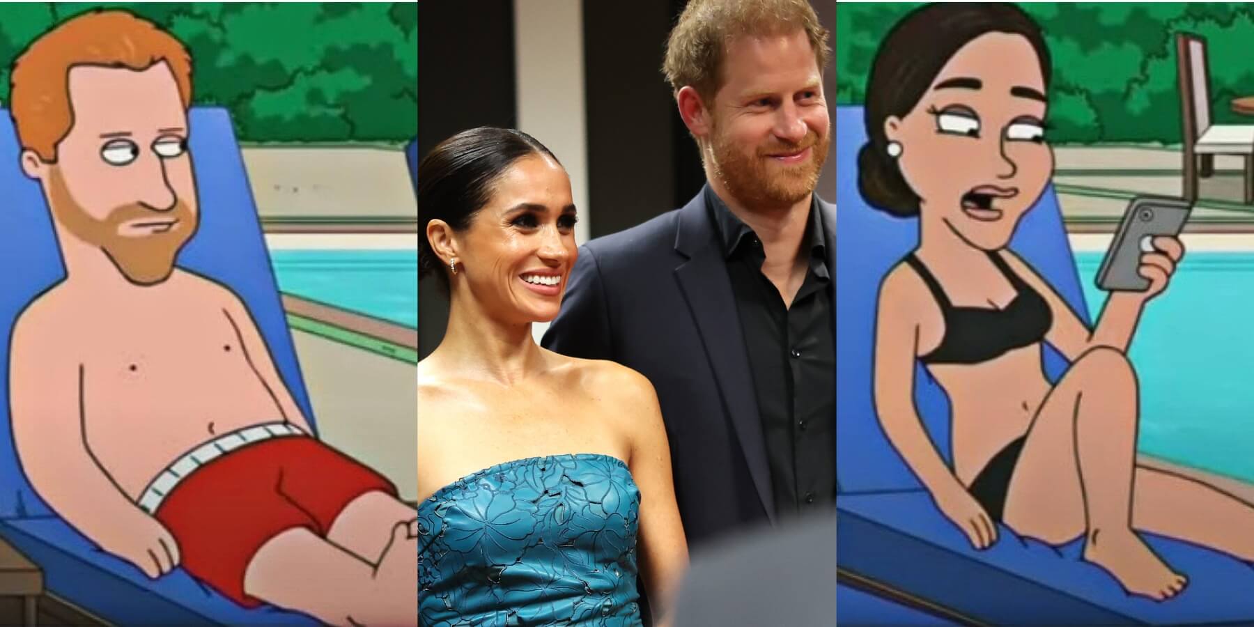 Prince Harry and Meghan Markle as depicted on season 22 of 'Family Guy' alongside the couple's 2023 appearance at the Invictus Games.
