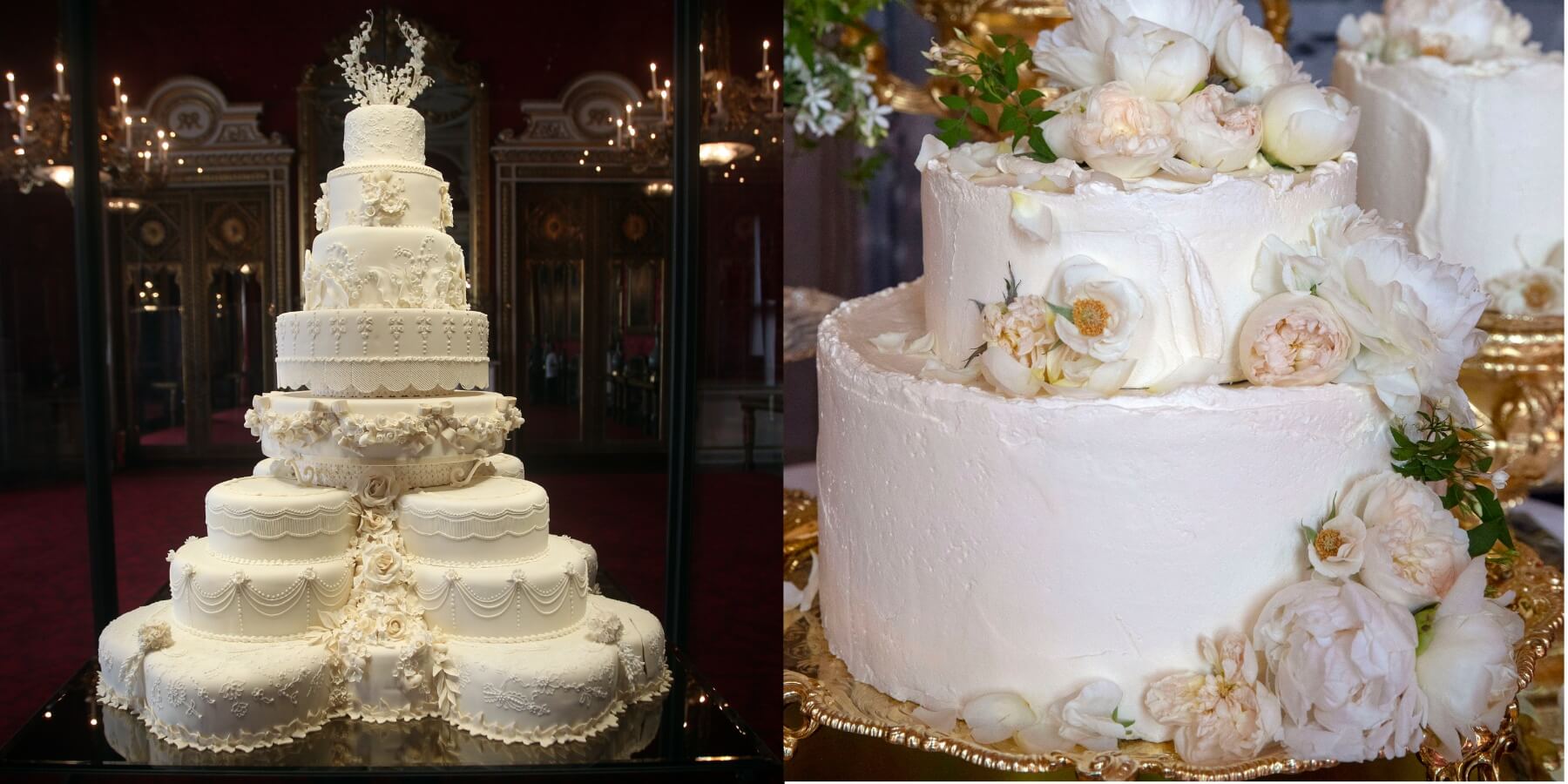 Prince William and Kate Middleton's wedding cake (L) and Prince Harry and Meghan Markle's cake (R).