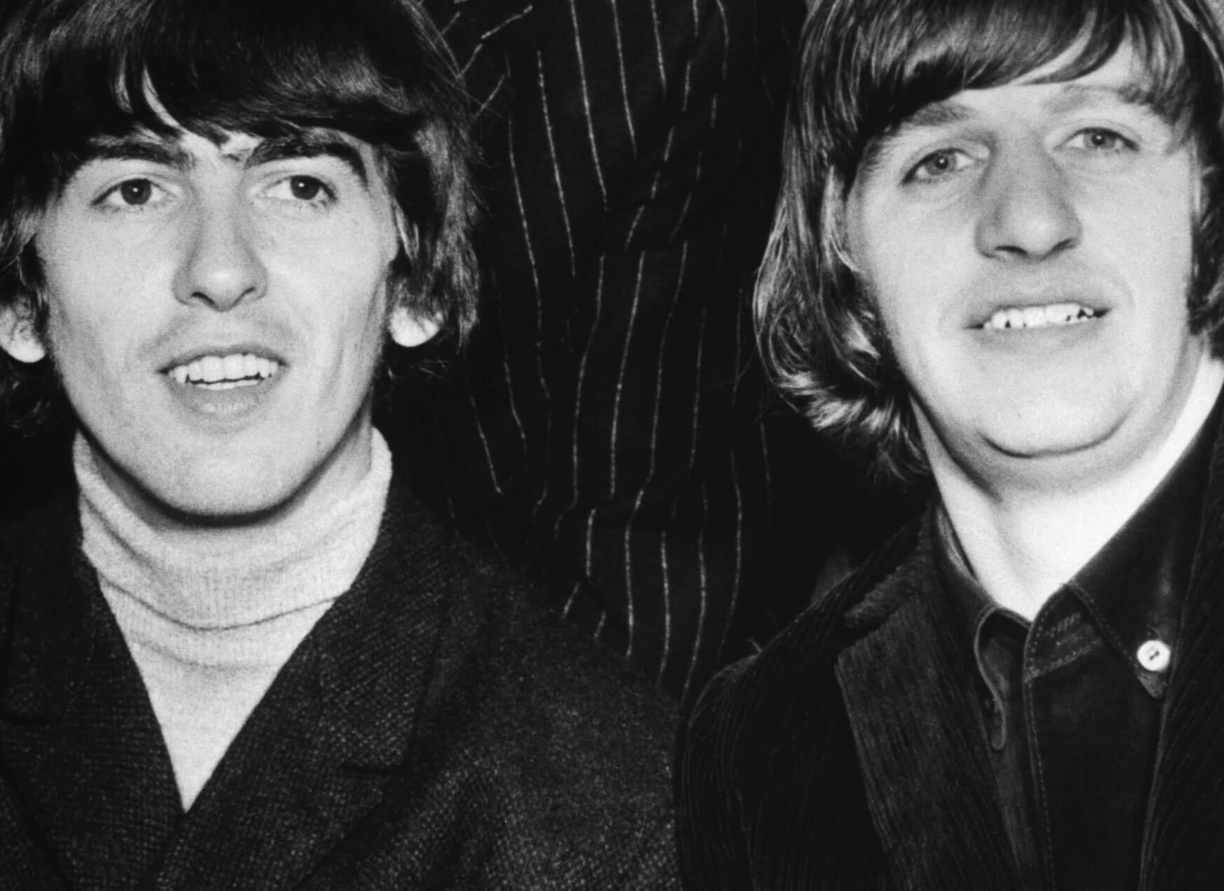 George Harrison and Ringo Starr in black-and-white photograph