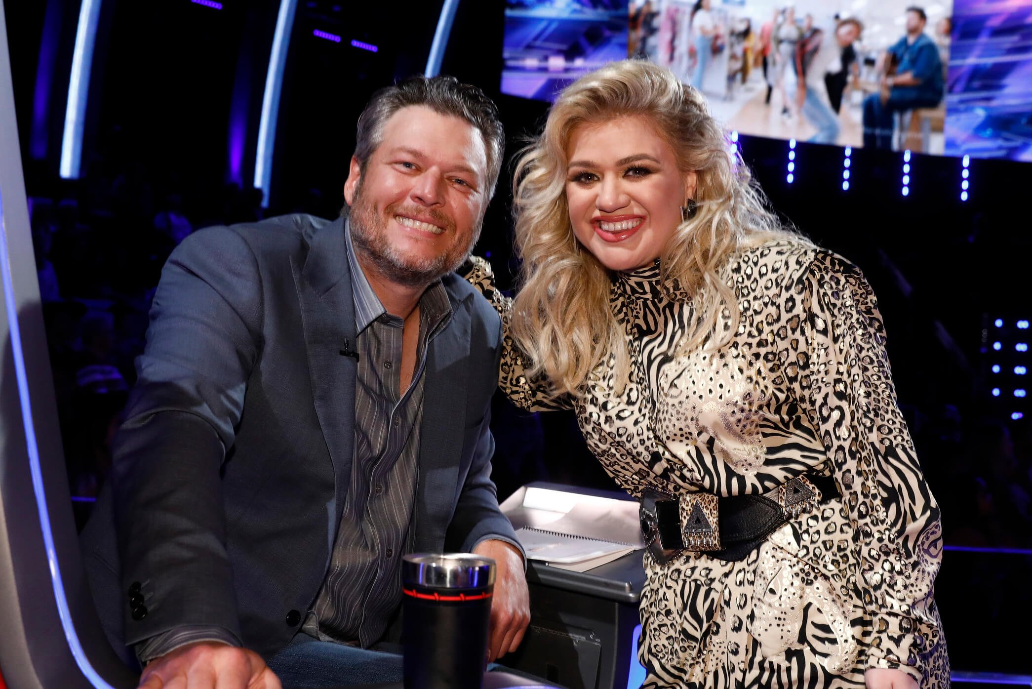 'Barmageddon' Season 2 creator Blake Shelton and Kelly Clarkson smiling on 'The Voice'