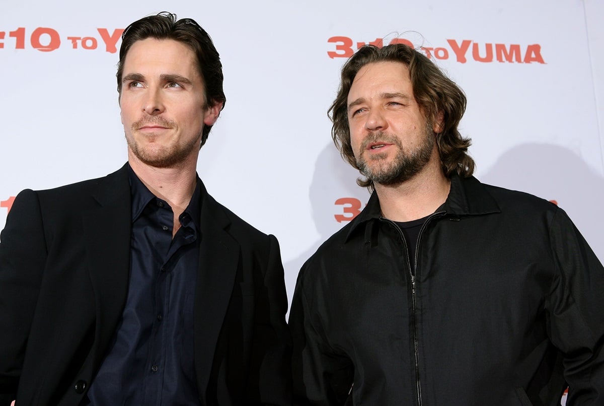 Christian Bale and Russell Crowe posing at the premiere of '3:10 to Yuma'.