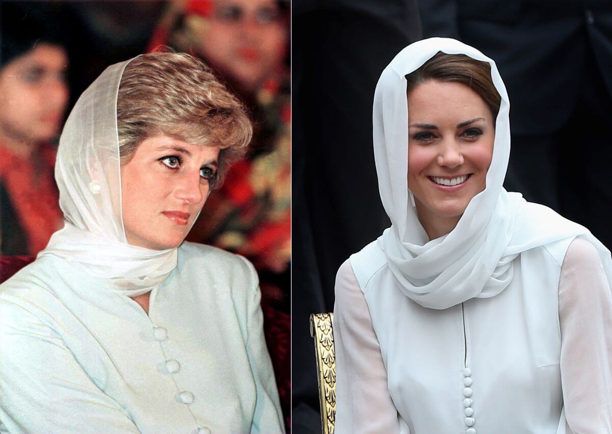 Composite image comparison of Princess Diana wearing a headscarf during a visit to Pakistan and Kate Middleton, who an ex-Palace aide says ‘will never be Diana,’ wearing a headscarf during a visit to Kuala Lumpur