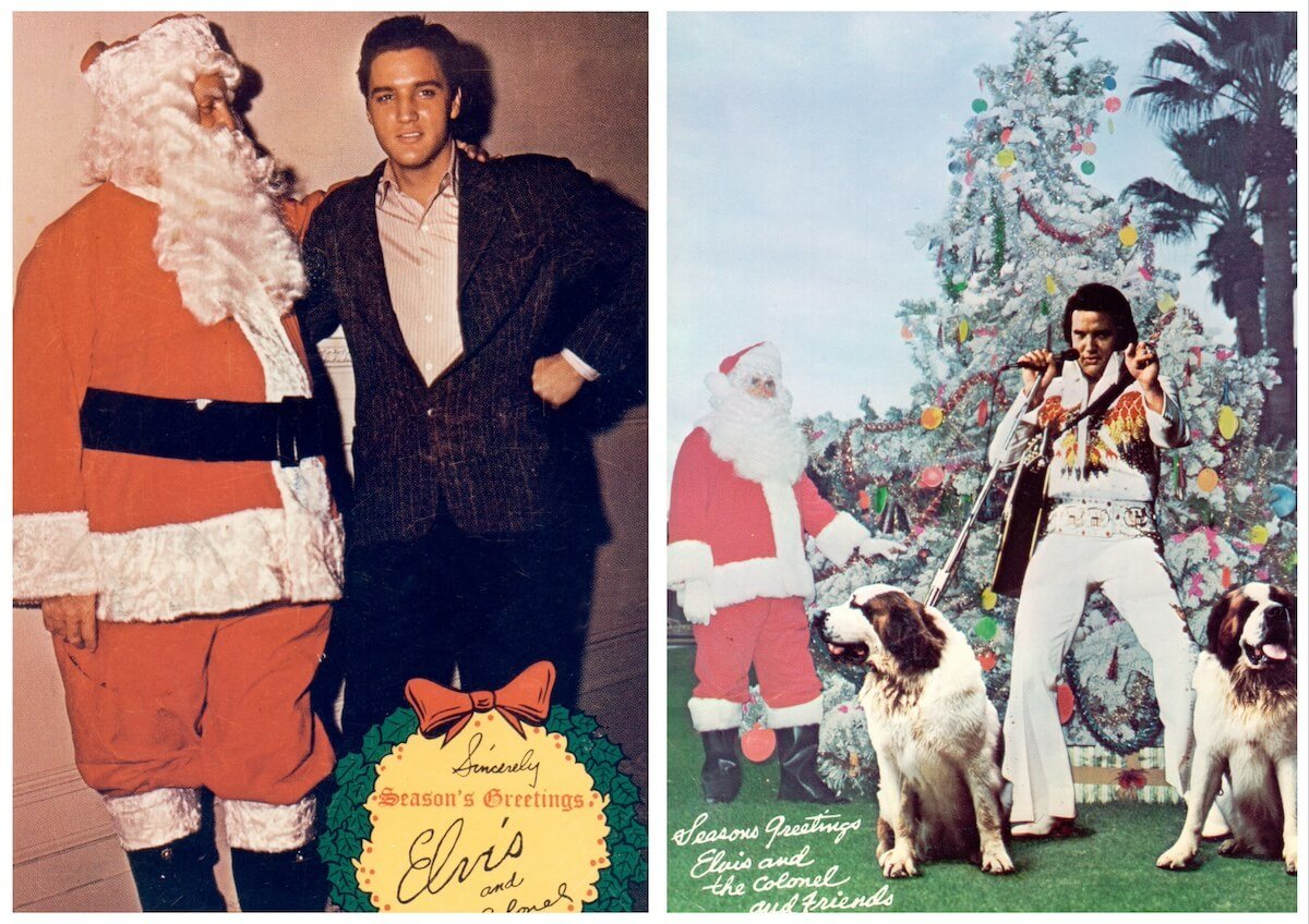 Two Christmas cards featuring Elvis Presley and Tom Parker (dressed as Santa Claus)