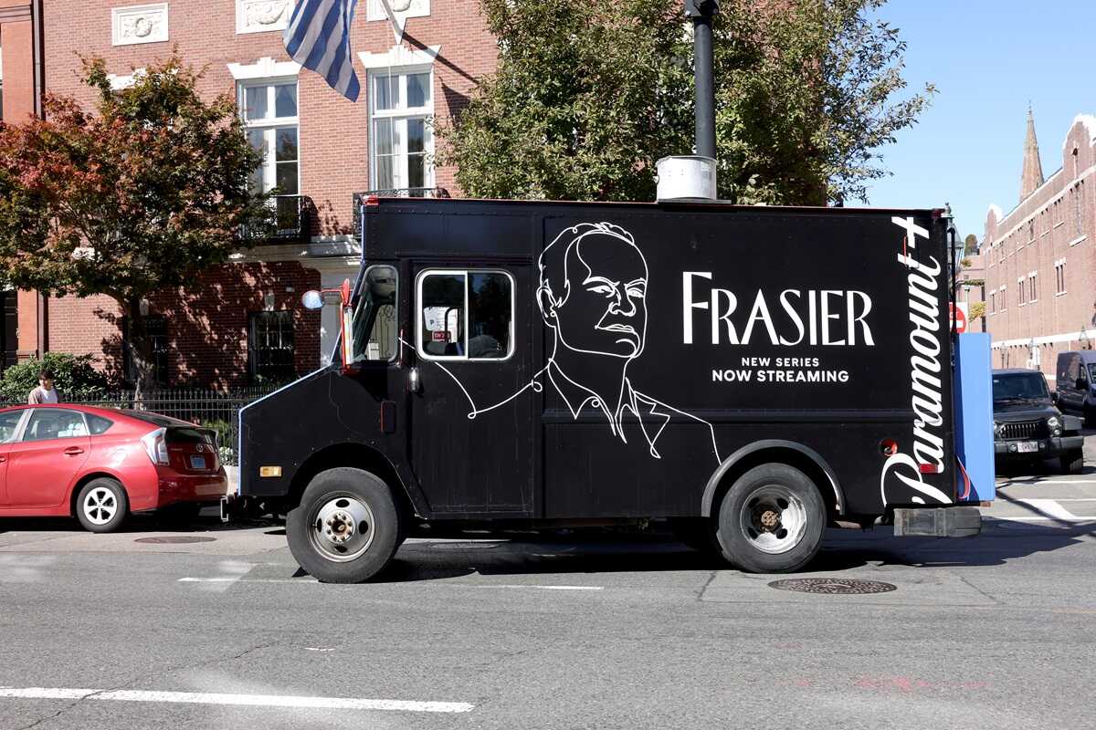 A food truck advertising the 'Frasier' reboot is seen in Boston in October; the reboot had to change plots to accomodate a missing actor.