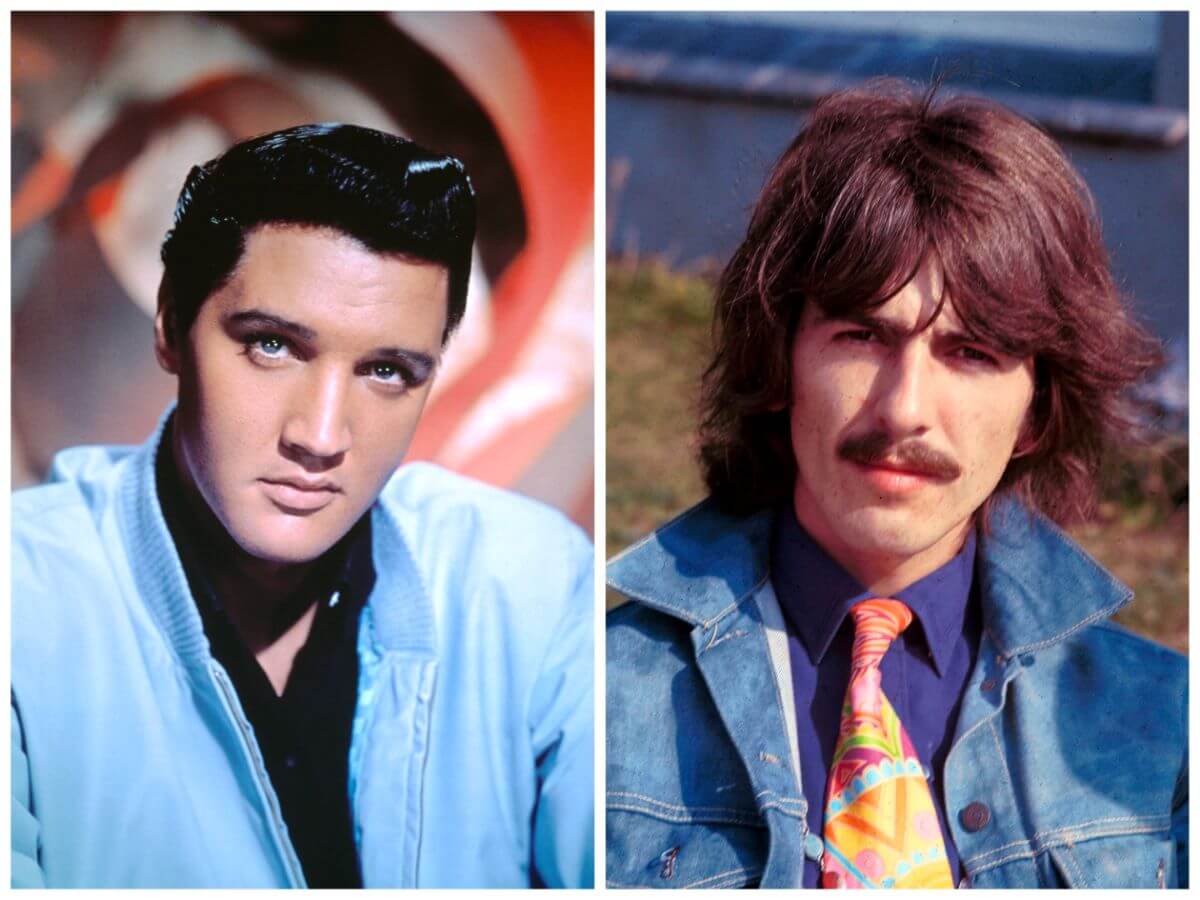 Elvis Presley wears a blue suit jacket and black shirt. George Harrison wears a denim jacket and colorful tie and sits outside.