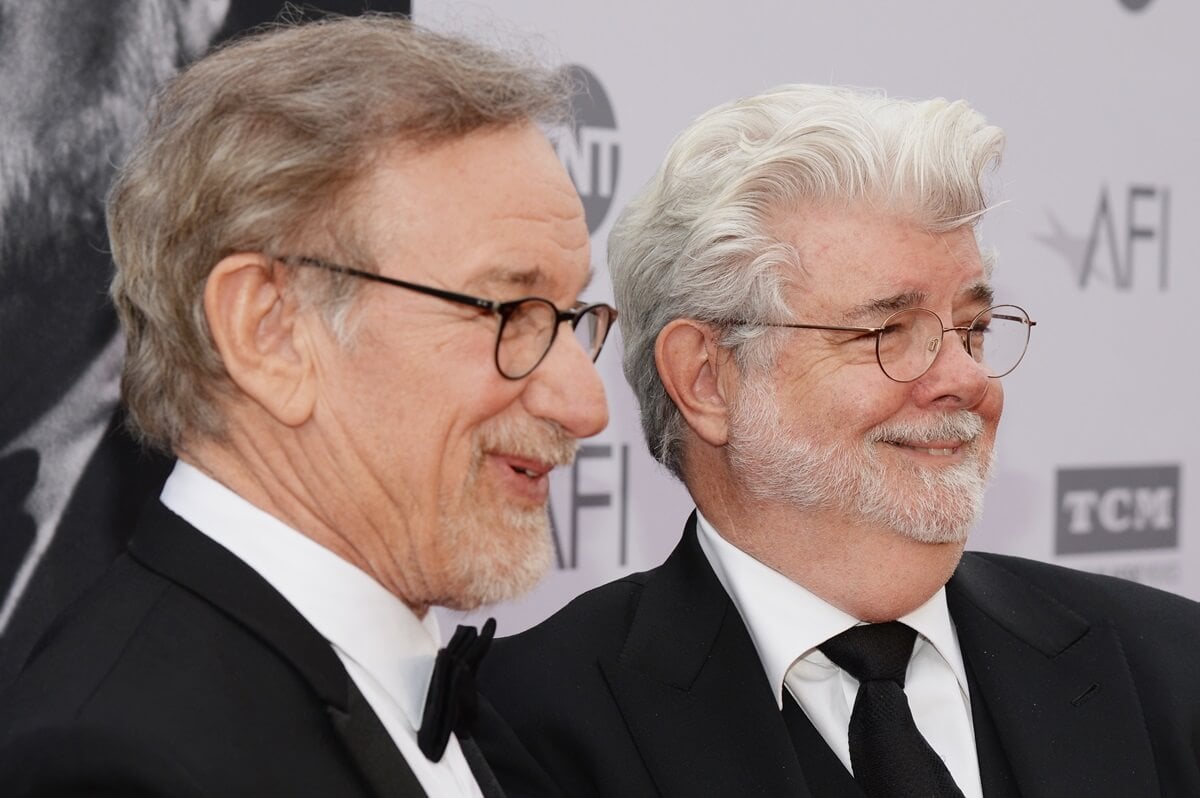 George Lucas and Steven Spielberg posing at the American Film Institutes 44th Life Achievement Award Gala Tribute to John Williams at Dolby Theatre.