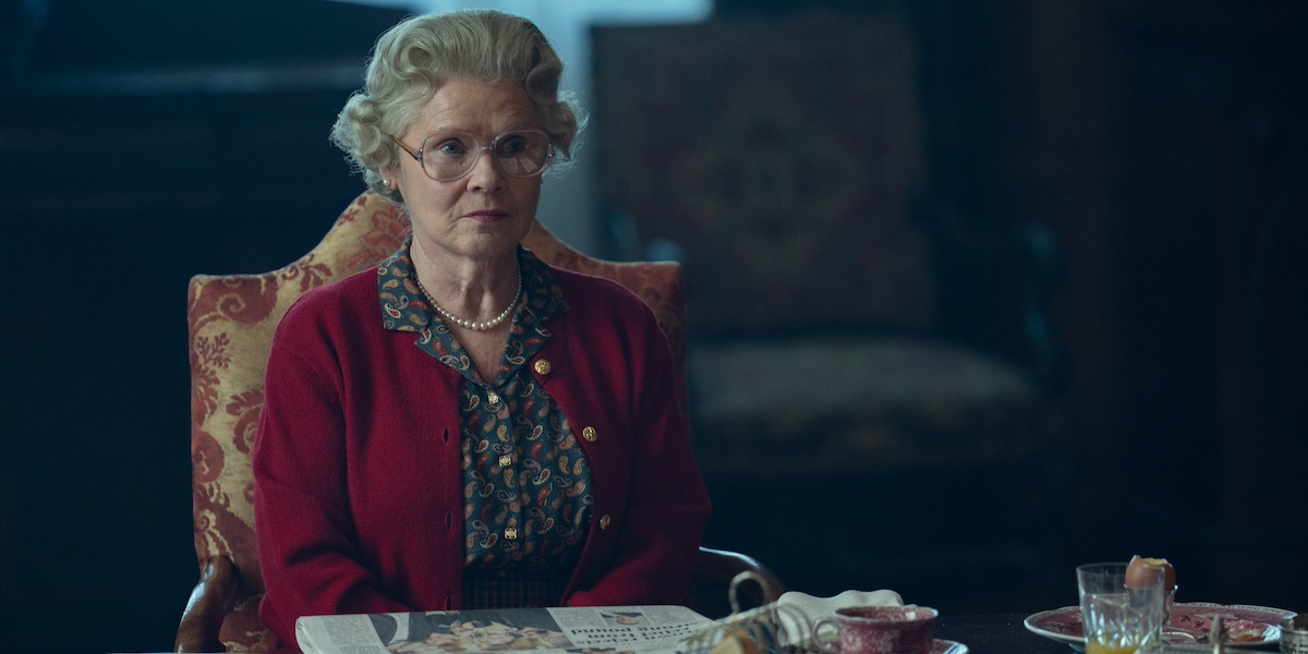 Imelda Staunton as Queen Elizabeth II wearing a glasses and cardigan in 'The Crown' Season 6