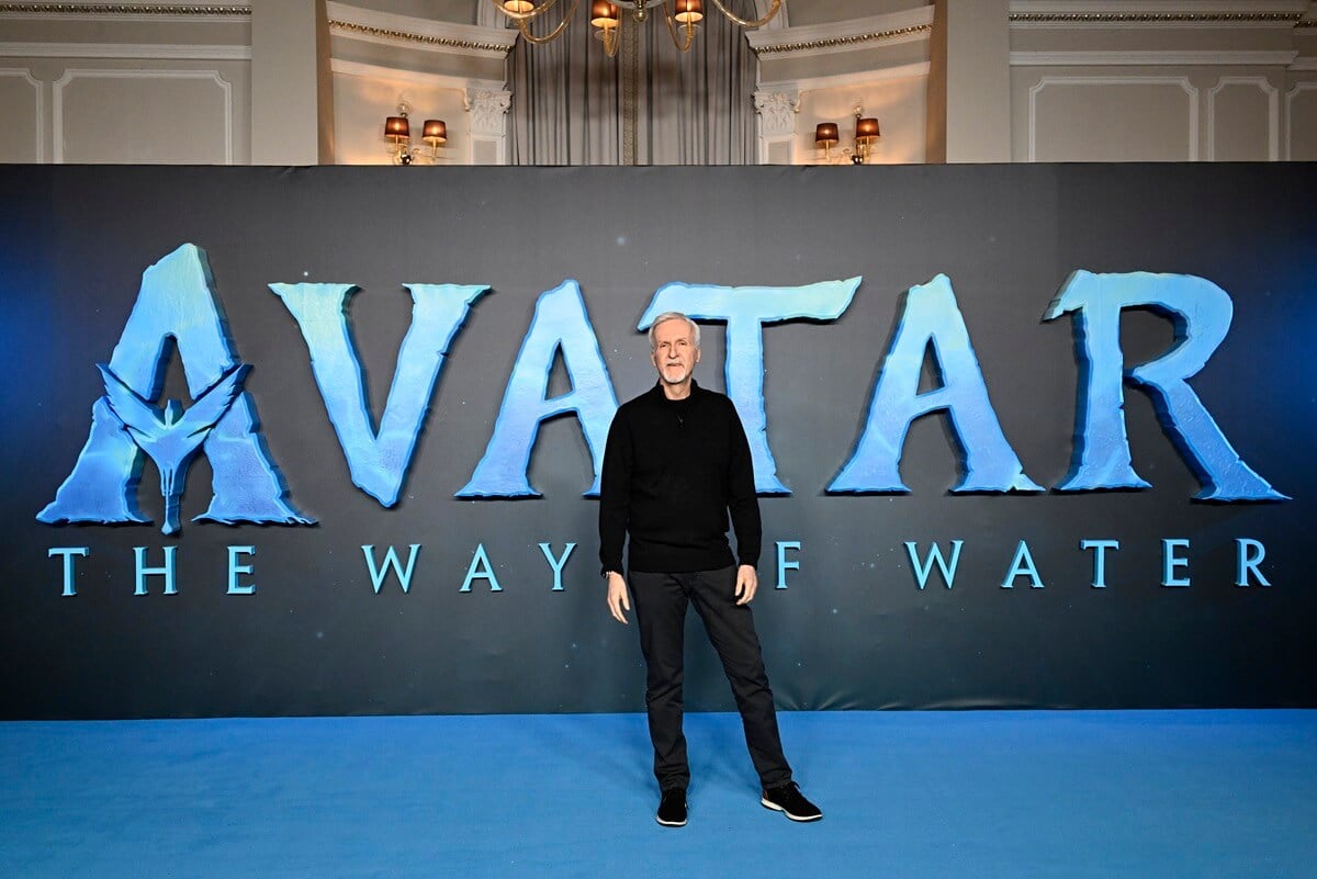 James Cameron at the 'Avatar: The Way of Water' photocall, posing while wearing an all black outfit.