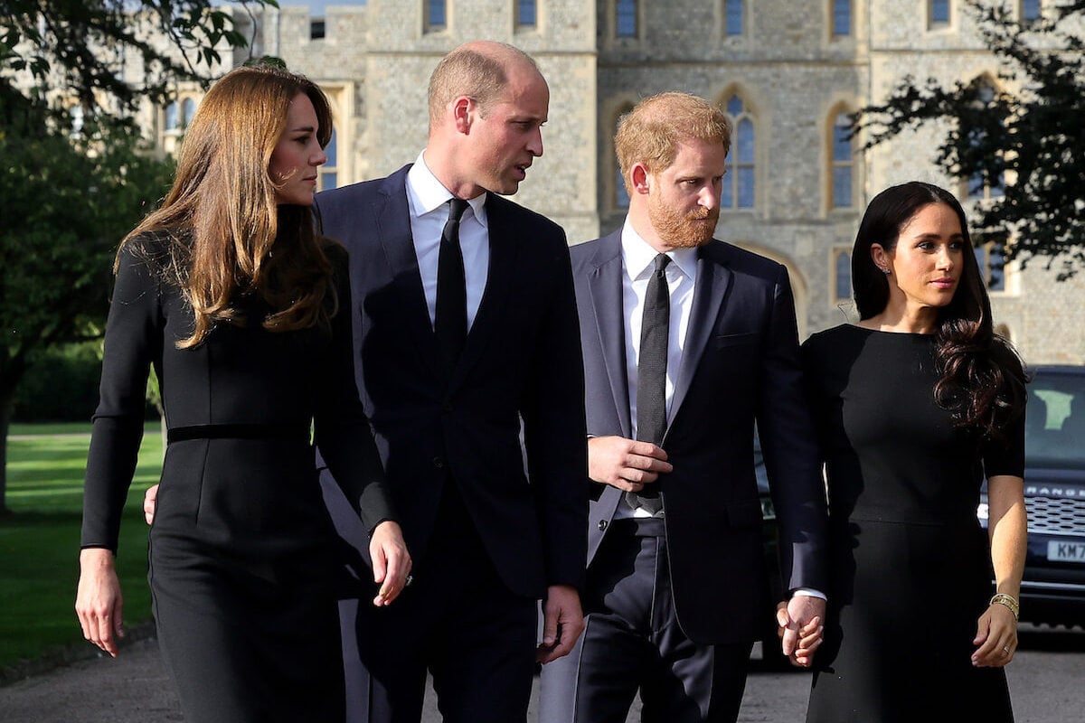 Kate Middleton and Prince William, who are popular in the U.S. because they're modern, walk with Prince Harry and Meghan Markle