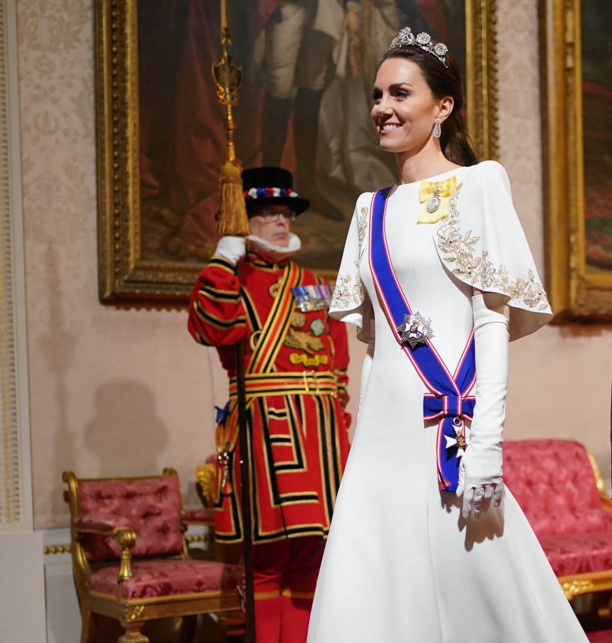 Kate Middleton dons a white gown for a State Banquet at Buckingham Palace