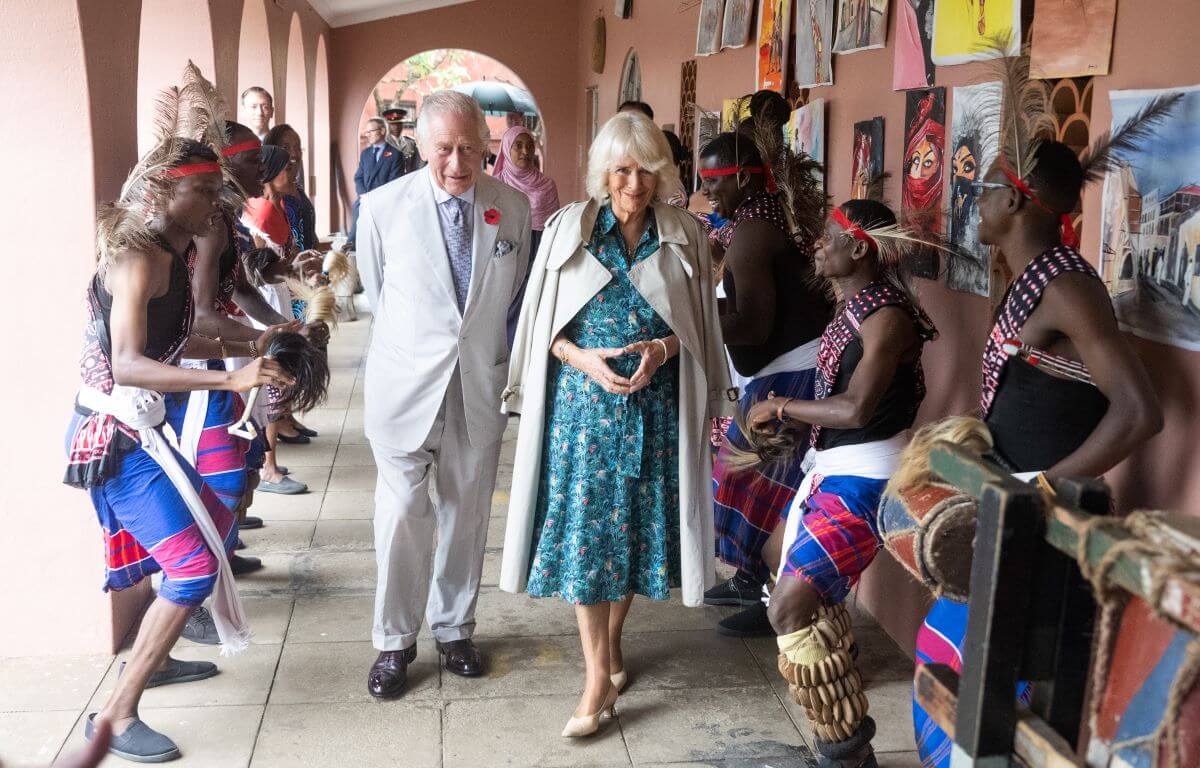 King Charles III and Queen Camilla (formerly Camilla Parker Bowles) view dancers at Fort Jesus the UNESCO World Heritage Site in Kenya