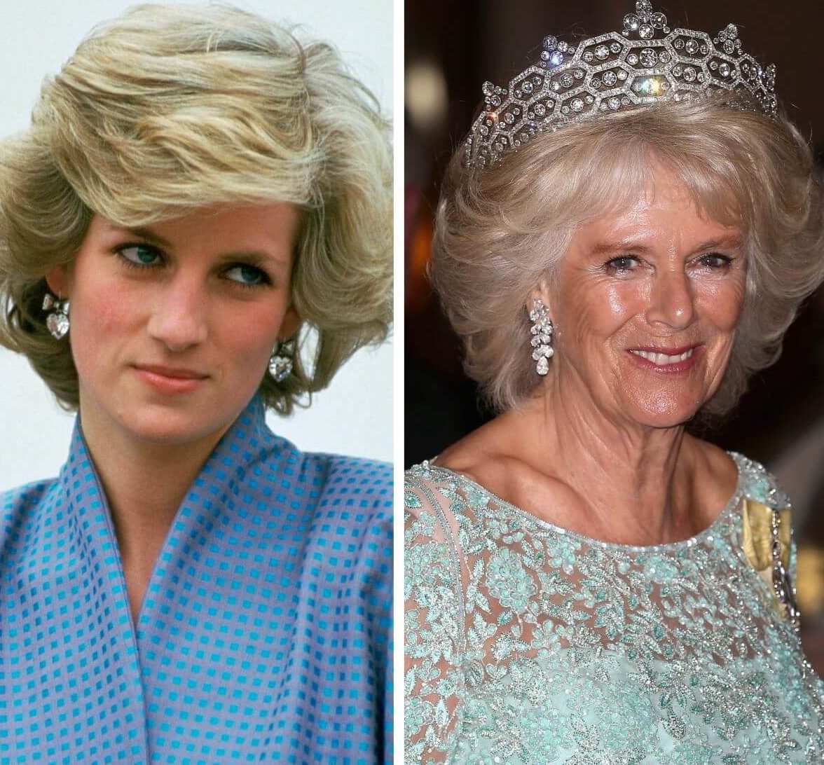 (L): Princess Diana, who once wore a blue dress to make Camilla Parker Bowles go insane, during royal visit to Italy, (R): Queen Camilla (formerly Camilla Parker Bowles) during the Commonwealth Heads of Government ceremony