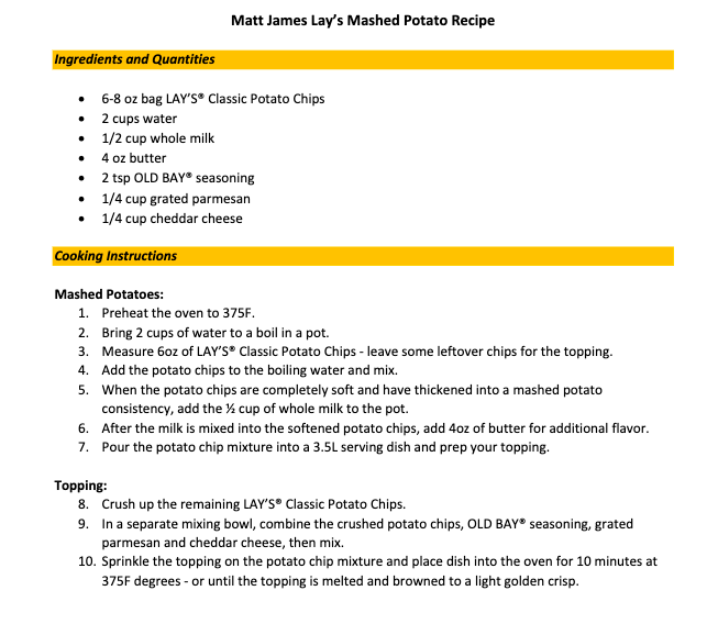 Matt James Mashed Potato recipe | Courtesy of Lays 