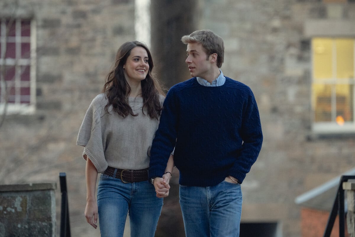 Meg Bellamy and Ed McVey holds hands as Kate Middleton and Prince William in 'The Crown' Season 6