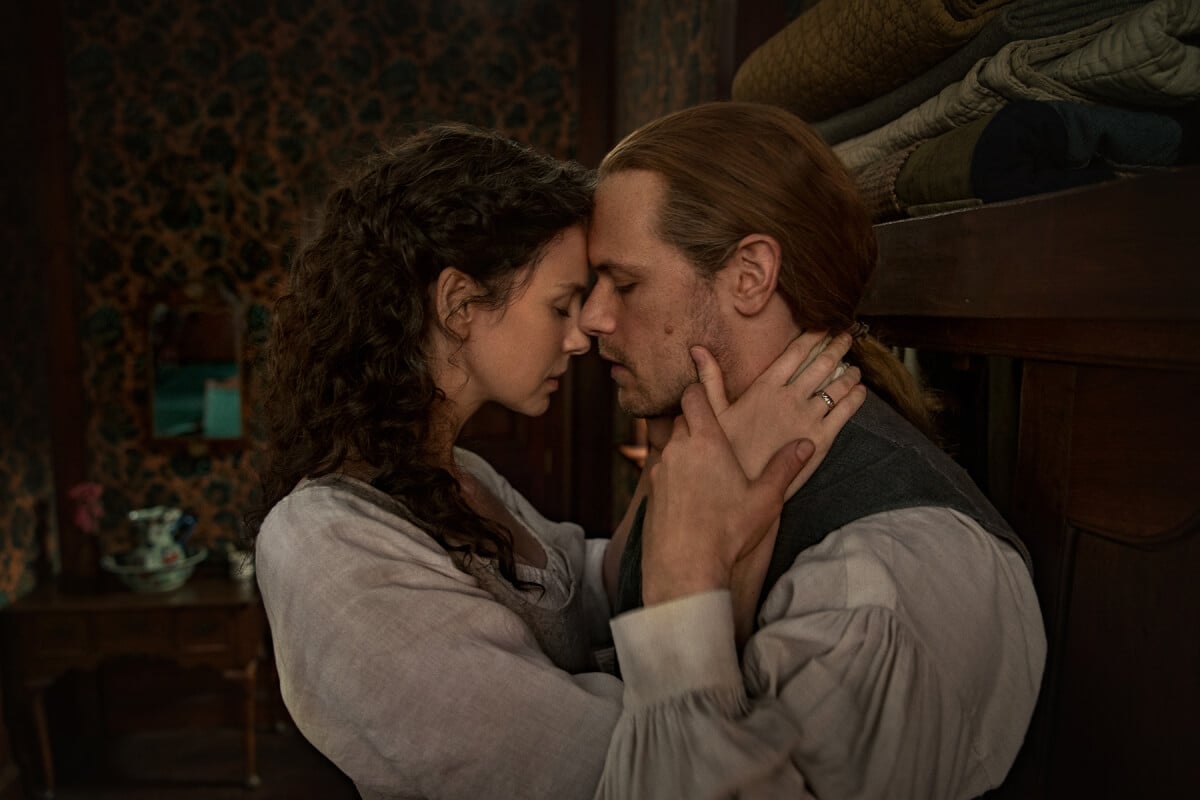 Caitriona Balfe as Claire Fraser and Sam Heughan as Jamie Fraser in production stills from season 6 of ‘Outlander'